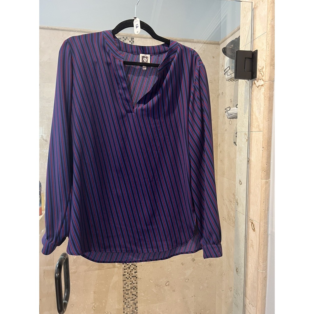 Anne Klein Womens Oblique Stripe Split-neck Blouse Shirt Top Blue Red M 10705424